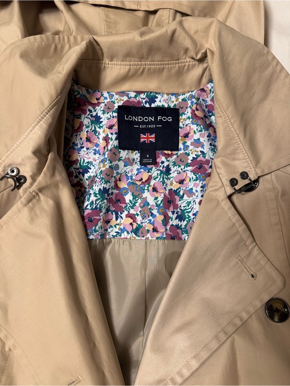 London Fog Tan Trench Coat with Floral Lining